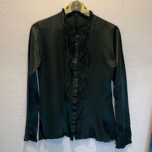 Jaga Dark Green Raw-Edge Silk Blend Ruffle Tuxedo Blouse - Luxury Artisanal
